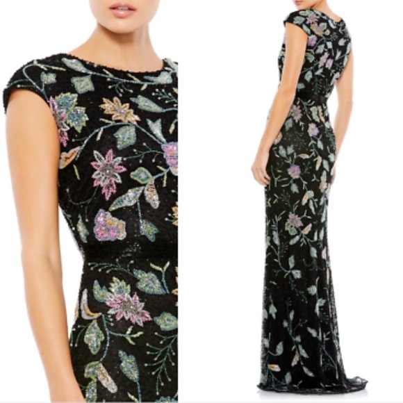 MAC DUGGAL FLORAL BEADED TULLE COLUMN GOWN BLACK MULTI DRESS sz 2 - Picture 2 of 6